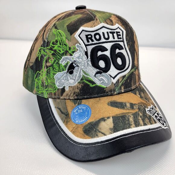 Route 66 Interstate Motorcycle Strapback Camoflauge Hat Leather Brim Accent New - Picture 1 of 10